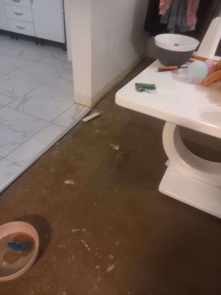 Crna i siva kupatilska keramika, kuhinja i radni stol na betonskom podu, radni alat i pribor za čišćenje.