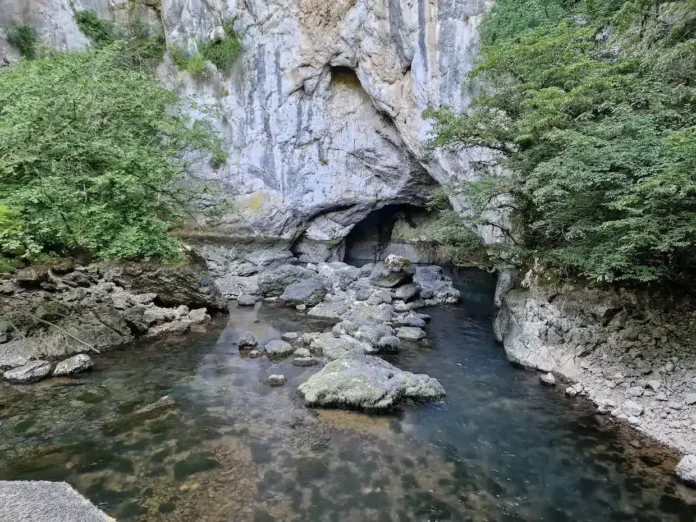 Očistite prirodnu ljepotu Krušnice, vode iznad i ispod kamenja, okružene zelenilom i stijenama.