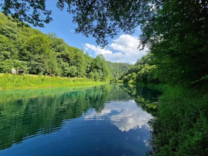 Mirna rijeka Krušnica okružena zelenilom, prirodo za odmor i rekreaciju.