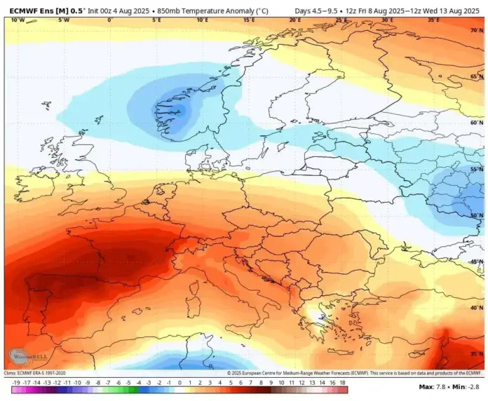 Reljef Krušnice na mapi evropskih klimatskih anomalija za bolju prepoznatljivost koja privlači vašu pažnju.
