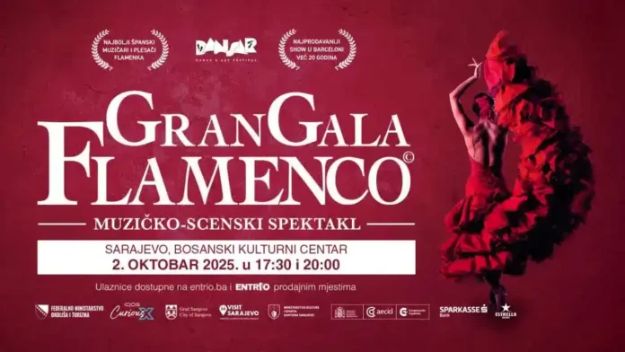 Baštenski plesač u crvenoj haljini na pozadini festivala Flamenco GALA Sarajevo.