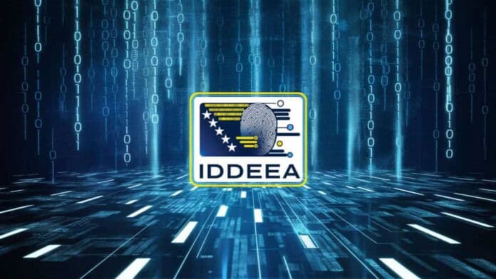 Visokotehnološki digitalni podaci i sigurnosni IDEEA logo u futurističkom okruženju.