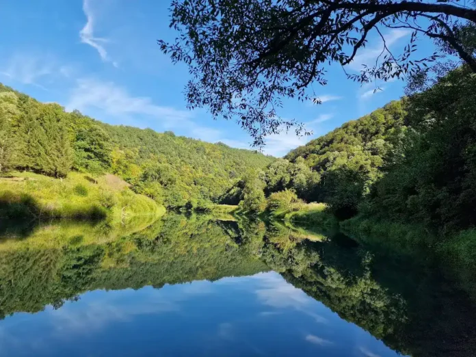 Mirna rijeka Krušnica u prirodi, zelene šume i plavo nebo, savršena prirodna slika za odmor.