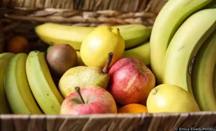 Sveže voće u bideru za Krušnica, uključujući jabuke, kruške, banane i kiwano. Organska i lokalna proizvodnja za vaš užitak.