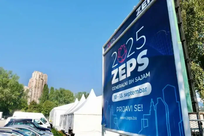 Ilustracija događaja Zeps 2023 u Bosni i Hercegovini sa velikim plakatom i festinim šatorima.