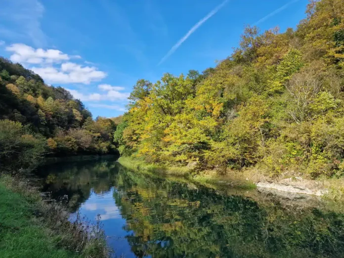 Mirna rijeka u prirodnom okruženju u jesen, okružena šumama s lišćem u žutoj i zelenoj boji, pod plavim nebom.