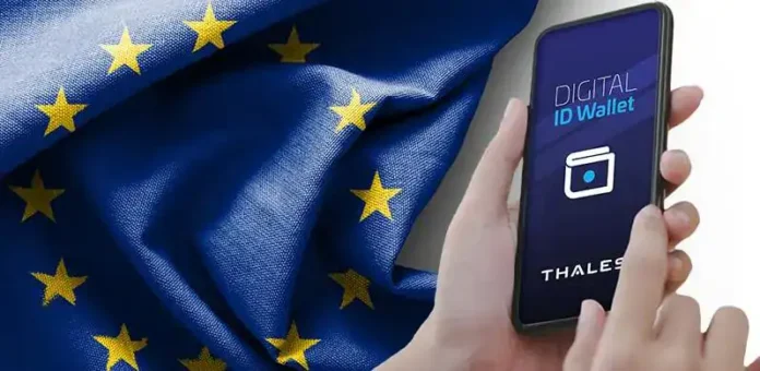 Digitalni ID novčanik na mobilnom telefonu, EU zastava u pozadini.