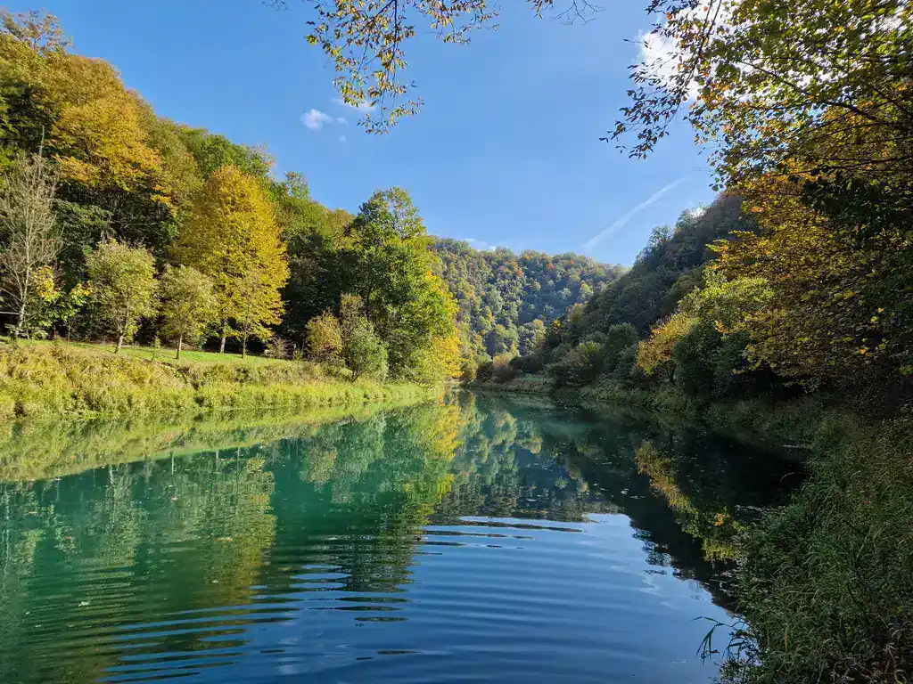 Krušnica rijeka okružena drvoredom i zelenilom u prirodi.