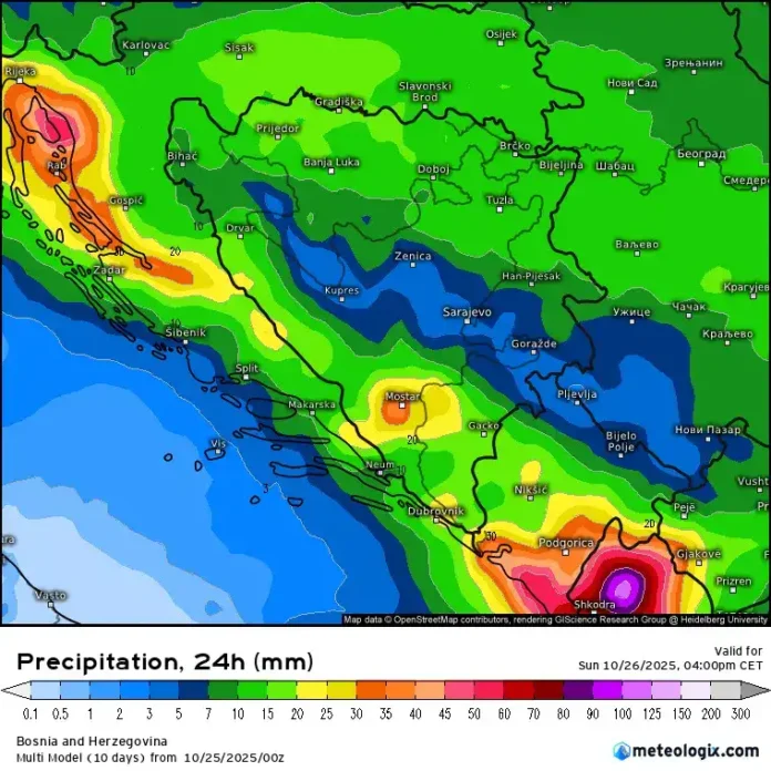 Padaline u Bosni i Hercegovini, 24h, model od 26.10.2025.