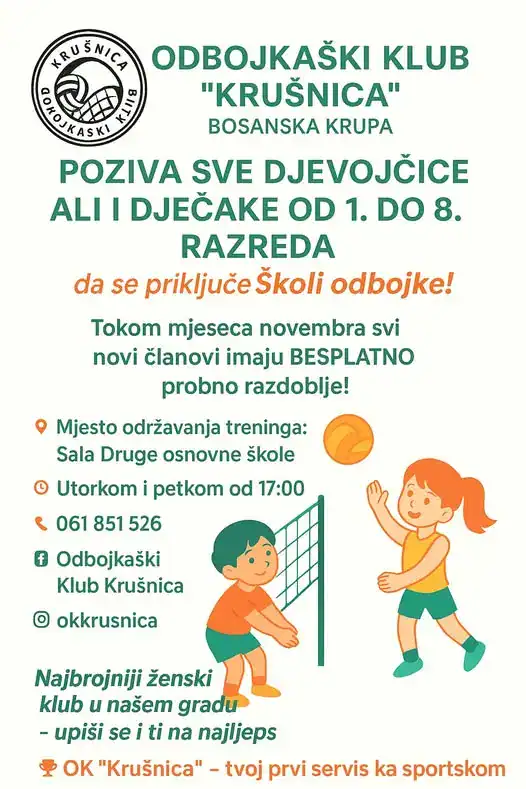 Odbojkaški trening za djevojčice i dječake u Krušnici, uključuje besplatne probne treninge tokom novembra.