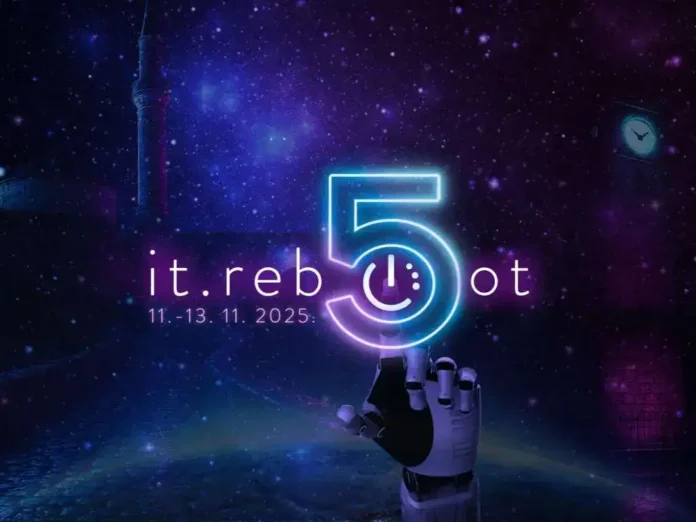 Neonski prikaz "5 it.reb to" sa robotiziranom rukom, futuristički dizajn za Techno festival.