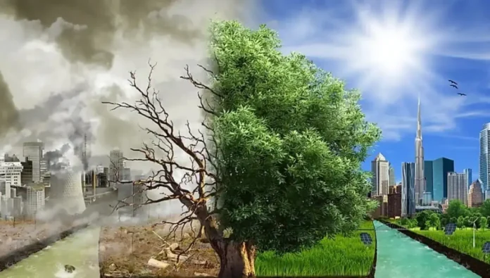 Zagađe i zagađenje okoliša, industrije i klimatske promjene na lijevoj strani slike. Zeleni, zdrav život i održivost na desnoj strani.