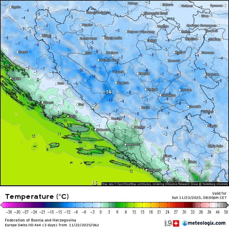 - Mraz na sjeveru BiH i Srbije, do -14°C, hladne zime u regionu.