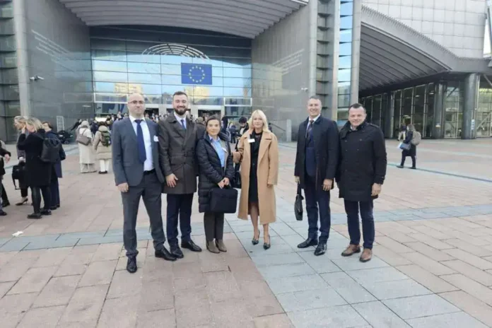 EU institucije, poslovni sastanak ispred Parlamenta u Bruxellesu, profesionalni ljudi u odijelima.