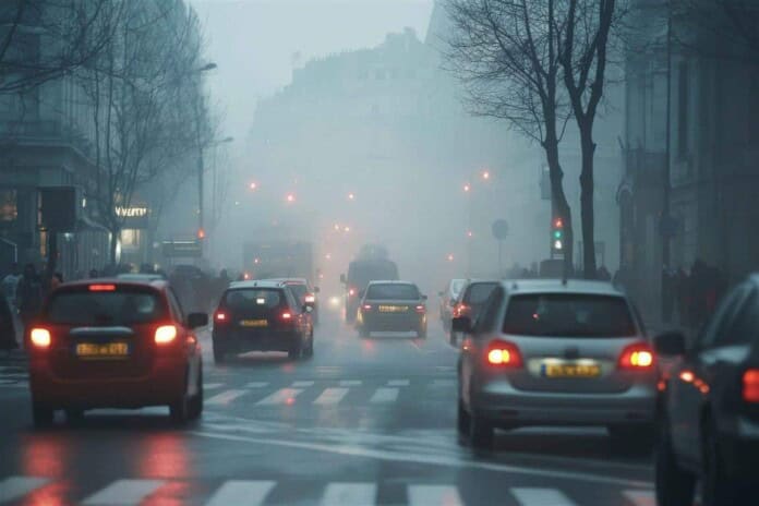 Magla u centru grada, vožnja vozila, gust saobraćaj, zamućen grad, jesenje jutro.