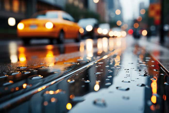 Magla na urbanoj cesti sa refleksijama na potoku vode, ucenjenim žutim taksijem u pozadini.