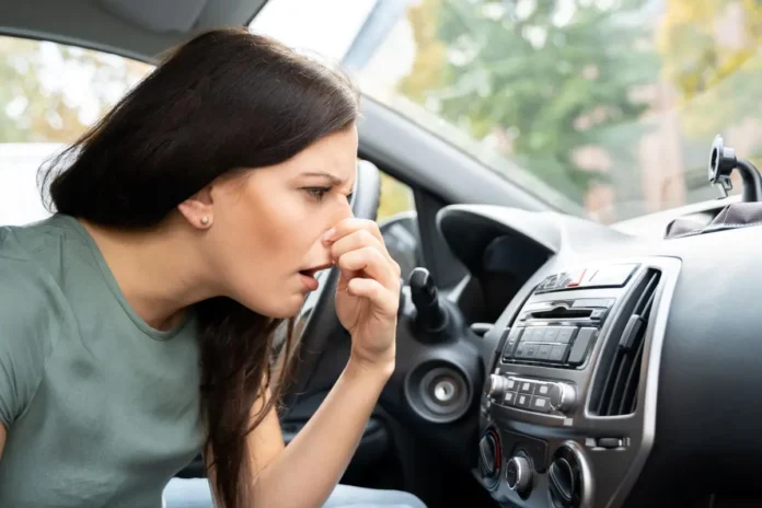 Nasalna blokada, žena u automobilu diše teško, problemi sa sinusima i disajnim putevima.
