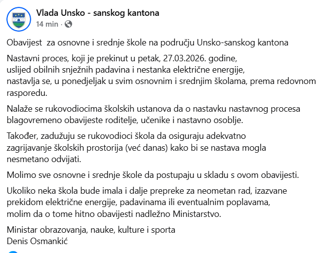 Obavijest za osnovne i srednje škole na području Unsko-sanskog kantona, uključujući promjene u nasta.