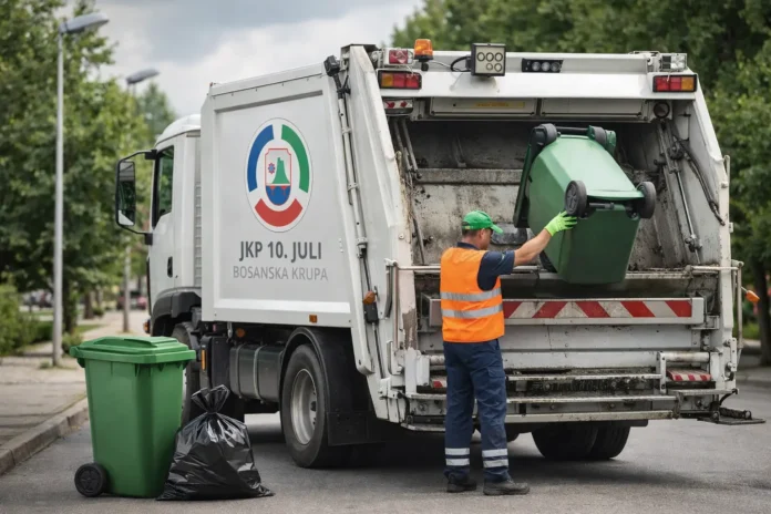 Radnik odvozi komunalni otpad iz kontejnera u Krušnici.