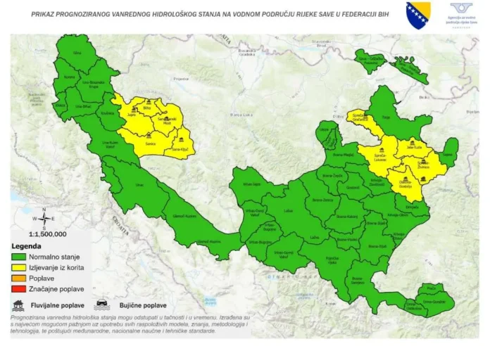 Na sjeveru i sjeverozapadu Bosne očekuje se porast vodostaja rijeke Save, uz mogućnost lokalnog izlijevanja.