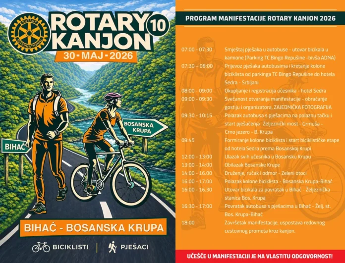 U subotu, 30. juna 2026, saobraćaj će biti obustavljen na putu Srbljani – Bosanska Krupa zbog događaja „Rotary kanjon 2026“.