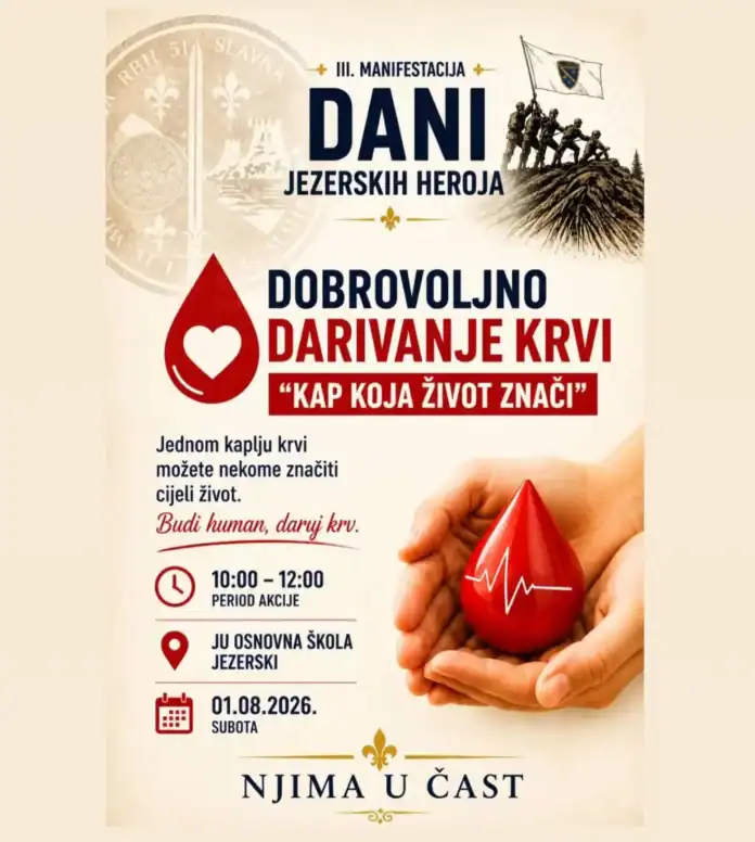 Ruka drži crvenu kapljicu krvi s srčanim ritmom unutar.