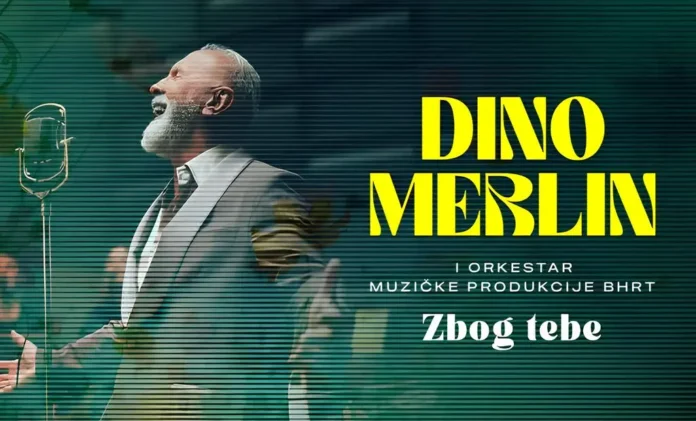 Dino Merlin na koncertu, fokus na njegovu facu i mikrofon.
