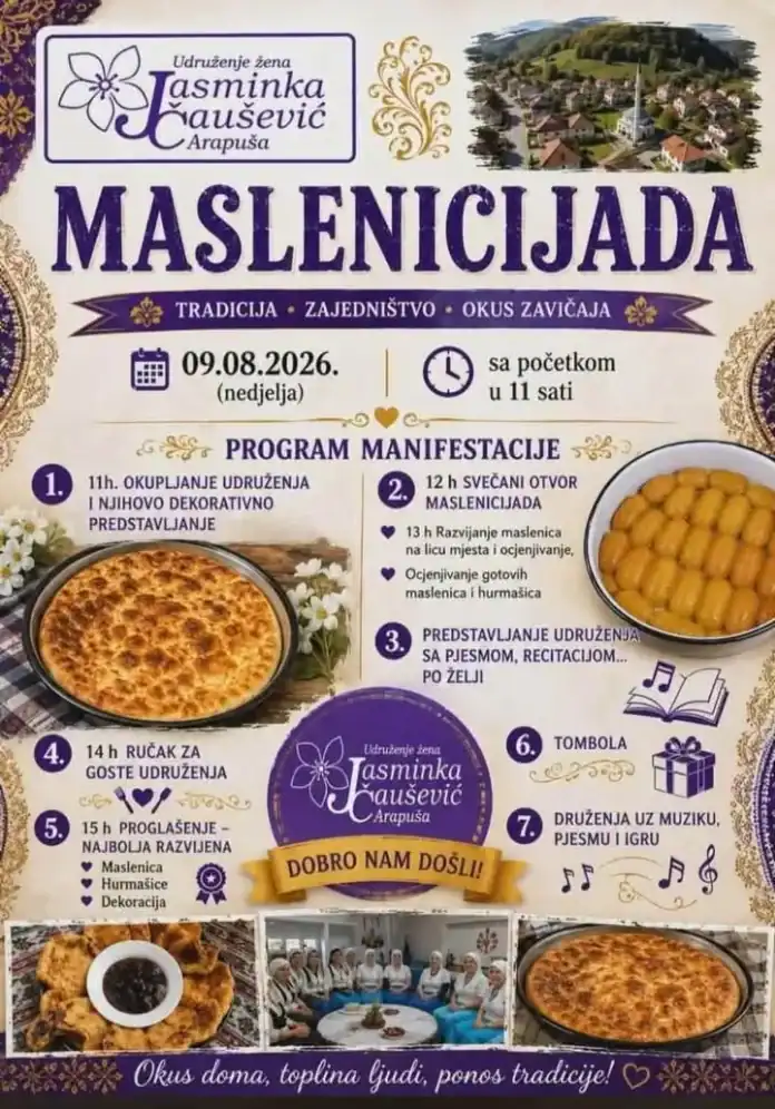 Manifestacija Maslenicijada u Arapuši s tradicionalnim jelima i druženjem.