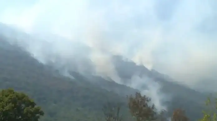 Požar u Krušnici, dim i plamen na brdovitom terenu.