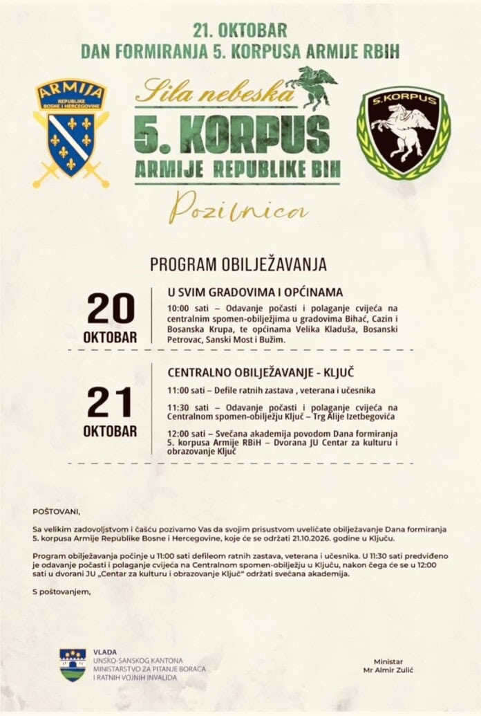 Obilježavanje 34. godišnjice formiranja 5. korpusa Armije RBiH održat će se u Ključu 21. oktobra. Pridružite se događaju!