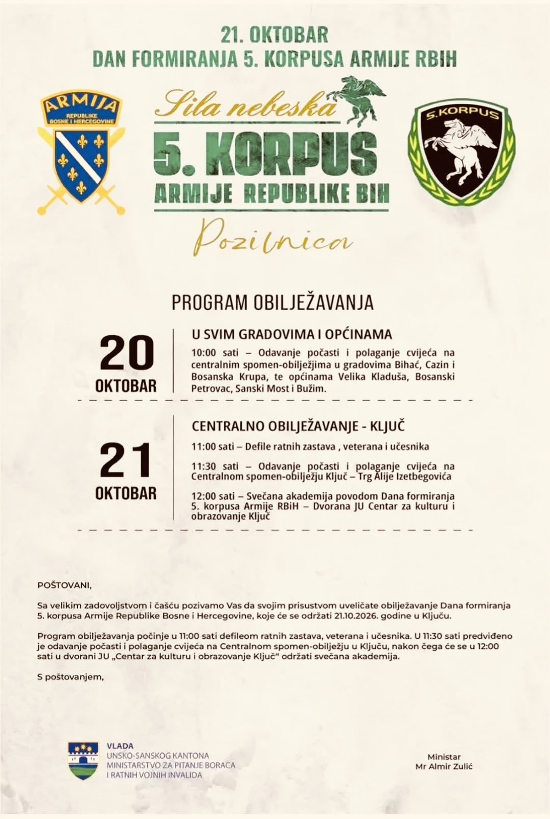 Obilježavanje 34. godišnjice formiranja 5. korpusa Armije RBiH održat će se u Ključu 21. oktobra. Pridružite se događaju!