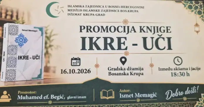 Najava promocije knjige IKRE - UČI u Bosanskoj Krupi večeras.