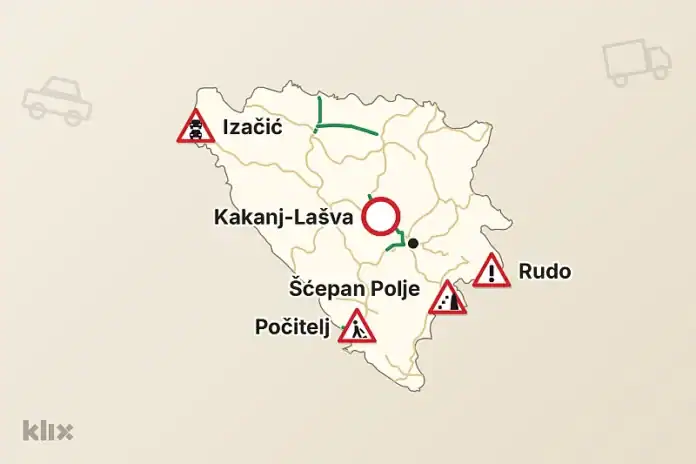 Od sutra, 1. novembra, na cestama u Bosni i Hercegovini na snazi je zakonska obaveza posjedovanja zimske opreme, a iz BIHAMK-a vozačima savjetuju da vozila pripreme na vrijeme. Prema najnovijim podacima BIHAMK-a, duga kolona putničkih vozila je na ulazu u BiH na graničnom prijelazu Izačić. Autoceste Na autocesti A-1 i dalje je za sva vozila zatvorena dionica Kakanj-Lašva, a saobraćaj je preusmjeren dvosmjerno suprotnom stranom autoceste. I dalje je zatvoren i most Hercegovina u smjeru Počitelj-Bijača, pa se vozi dvosmjerno suprotnom stranom, a u tunelu Hercegovina u smjeru Bijača-Počitelj zatvorena je preticajna traka. Usporeno se vozi na ulazu u tunel Klopče u smjeru Zenica jug-Zenica sjever, gdje se radi u desnoj traci, a na dionici Sarajevo zapad-Lepenica saobraćaj je preusmjeren u preticajnu traku. Magistralne ceste Na magistralnoj cesti M-17 na Ilidži saobraćaj je i dalje preusmjeren na alternativne pravce zbog izgradnje dva kružna toka. Na ulazu u Kiseljak iz pravca Sarajeva, zbog sanacije prijelaza na mostu preko Lepenice, vozila se propuštaju naizmjenično, a na prevoju Romanija, na usponu iz pravca Podromanije, zbog izgradnje trake za spora vozila moguće su povremene obustave saobraćaja. Na cestama Dobro Polje-Miljevina i Jablanica-Blidinje i dalje mogu saobraćati samo vozila do 3,5 tone. U Bužimu, zbog urušenog potpornog zida, putnička vozila saobraćaju naizmjenično jednom trakom, a za teretna je saobraćaj obustavljen. Na ulazu u Bijeljinu iz pravca Brčkog vozila do 3,5 tone idu privremenom obilaznicom, a teža kroz naselje Velika Obarska, dok se na dionici Lončari-Pelagićevo putnička vozila usmjeravaju na alternativni pravac. Naizmjenično ili jednom trakom zbog radova saobraća se na dionicama Kaonik-Gromiljak, Ozimica-Topčić Polje (Papratnica), Konjic-Jablanica (Ribići), Jablanica-Kosne Luke, Čevljanovići-Nišići, Mostar-Čitluk-brdo Hum, Tasovčići-Stolac, Grude-Privalj, Bileća-Trebinje (Žudojevići), Izačić-Bihać (Papari), Bihać-Ripač (Orljani), Skokovi-Srbljani, Cazin-Srbljani, Gornje Bravsko-Ključ, Odžak-Šamac (Prud) i Šićki Brod-Tuzla. Regionalne ceste Na cesti Rudo-granični prijelaz Uvac zbog oštećenja mosta zabranjen je saobraćaj teretnim vozilima i autobusima, a putnička vozila preko mosta mogu ići najviše 20 km/h. Na cesti Kladanj-Milankovići vozila idu privremenom obilaznicom zbog izgradnje mosta preko Drinjače. Zbog sanacionih radova usporeno se vozi na regionalnim cestama Zenica-Lašva, Kakanj-Visoko, Nemila-Bistričak, Turbe-Skender Vakuf (Šešići-Smet), Ciljuge-Dubrave Donje, Priboj-Sapna i Čelić-Pukiš. Odroni Zbog brojnih odrona i opasnosti od klizišta na magistralnom putu Brod na Drini-Šćepan Polje putnička vozila saobraćaju otežano, a teretna ne mogu proći. Gradovi U Sarajevu se zbog sanacionih radova usporeno vozi u više ulica, među kojima su Grbavička, Smaila Šikala, Obala Kulina bana, Bulevar Meše Selimovića i Bosanskih gazija, a nastavlja se i izgradnja XII transverzale od Stupske petlje prema aerodromu. U Goraždu traju radovi na semaforizaciji raskrsnice na M-20, a u Jablanskoj ulici u Bihaću saobraća se jednom trakom. Granični prijelazi Na izlazu iz BiH na Izačiću ne čeka se duže od 30 minuta, kao ni na ostalim graničnim prijelazima. Stari granični prijelaz Gradiška otvoren je u petak za putnička vozila, autobuse i prazna teretna vozila, ali ne i za komercijalnu robu. Iz BIHAMK-a upozoravaju da su zbog registracije putnika po novom EU sistemu ulaska i izlaska (EES) moguća duža zadržavanja. Granični prijelaz Brčko otvoren je za putnička vozila do 3,5 tone, Karakaj za sve kategorije vozila, a na Šepku je zabranjen saobraćaj teretnim vozilima.
